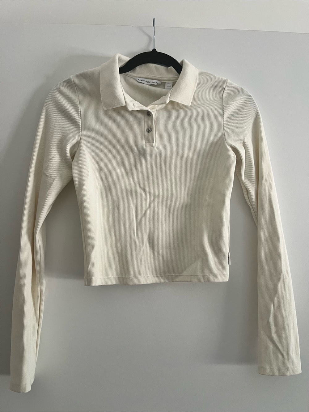 Calvin Klein Jeans Cream Long Sleeve Ribbed Polo Crop Top